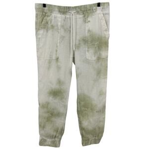 Bella Dahl White & Green Tie Dye Linen Jogger Drawstring Pants Size Medium